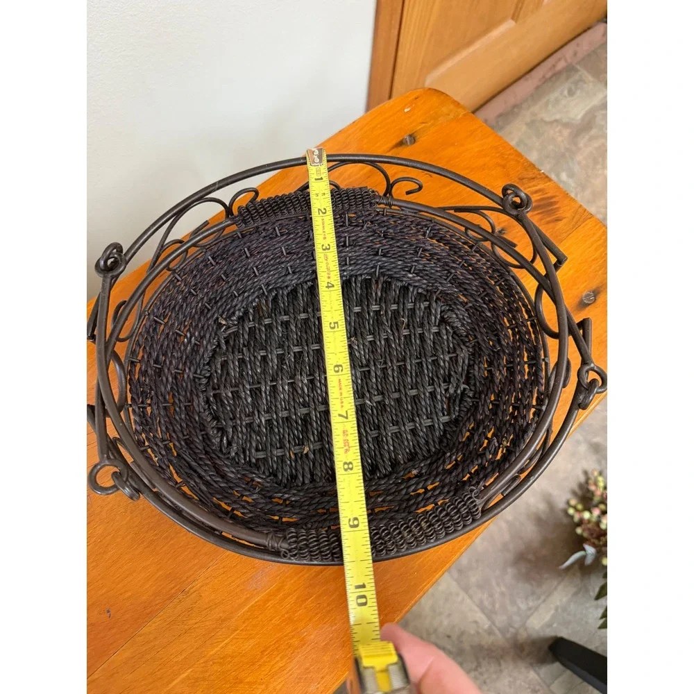 Vintage Dark Brown Metal Wire and Woven Seagrass Oval Basket with Swing Handle